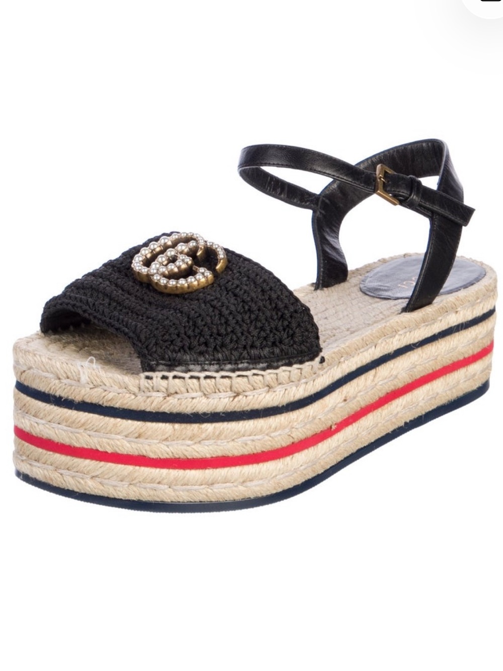 Gucci Black Crochet Lilibeth Espadrille Platform Sandals with Pearl GG